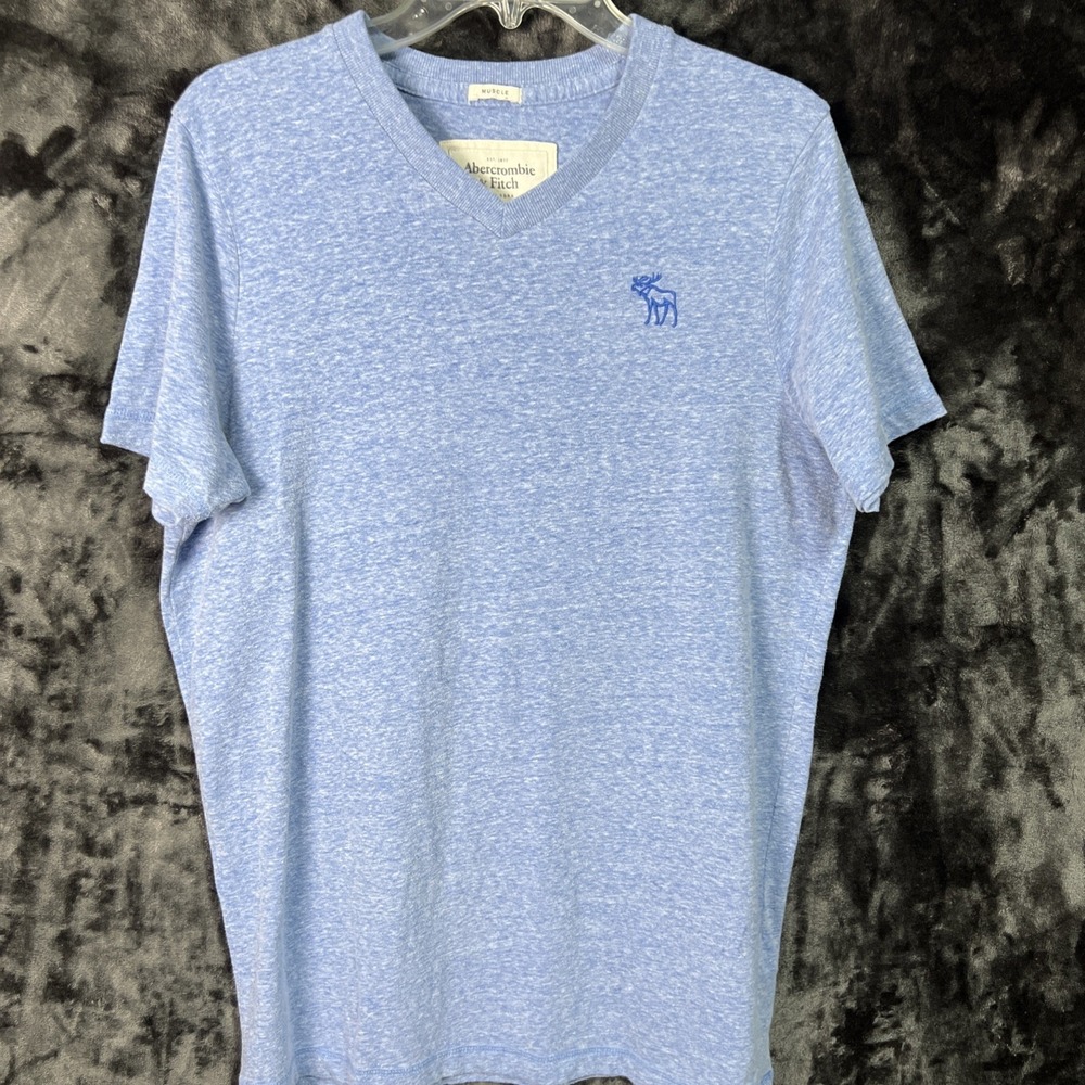 Abercrombie & Fitch XXL Blue Heather V Neck T Shirt Moose Logo